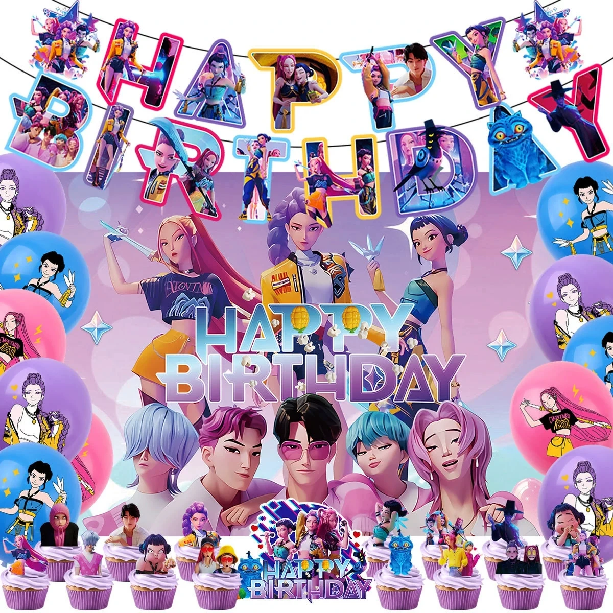 K-Pop Охотники на демонов, тематические болельщики для вечеринки, баннер, воздушные шары, милые HUNTRX Rumi Mira Zoey, воздушные шары на день рождения, фон для торта, деко, игрушка для вечеринки
