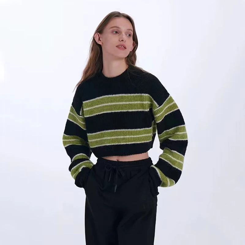 Y2K-suéter corto de punto a rayas verdes para mujer, ropa de calle Vintage coreana, jersey de manga larga, Jersey corto holgado que combina con todo