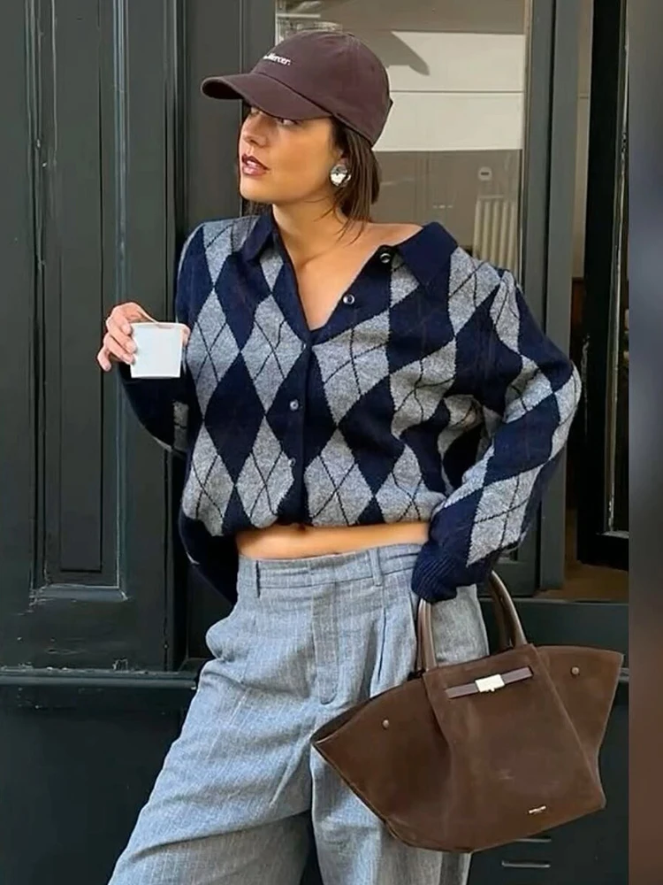 HH Women Spring Fall Argyle Knit Cardigan Polo Collar Button Down Ribbed Hem Cuffs Vintage Sweater For Office Daily Commute view 2