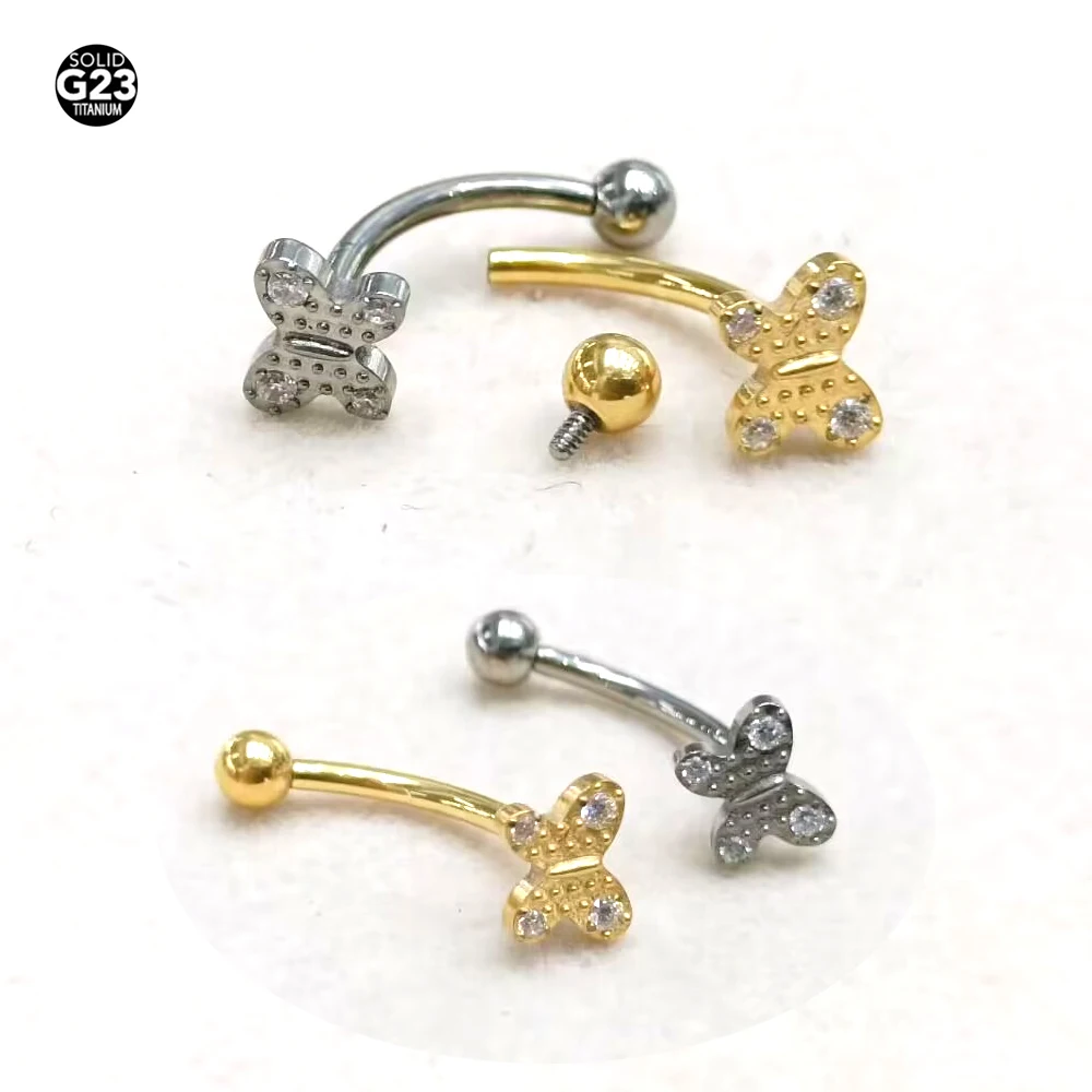 1Pc ASTM F136 Floating Coved Titanium Butterfly Bling Belly Navel Bead Cluster Bezel Set Belly Piercing Jewelry Bar Rings