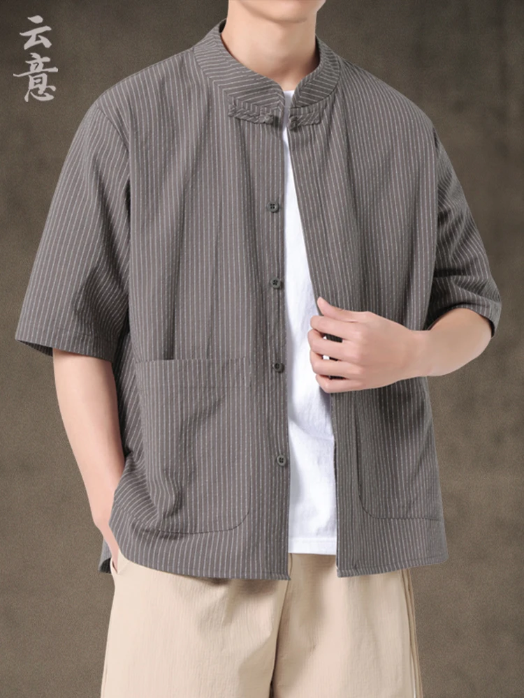 

Summer New Chinese Sle Men's ort Sve irt Youth Striped Button-Up Collar Traditional Hanfu Loose Fit Lightweight