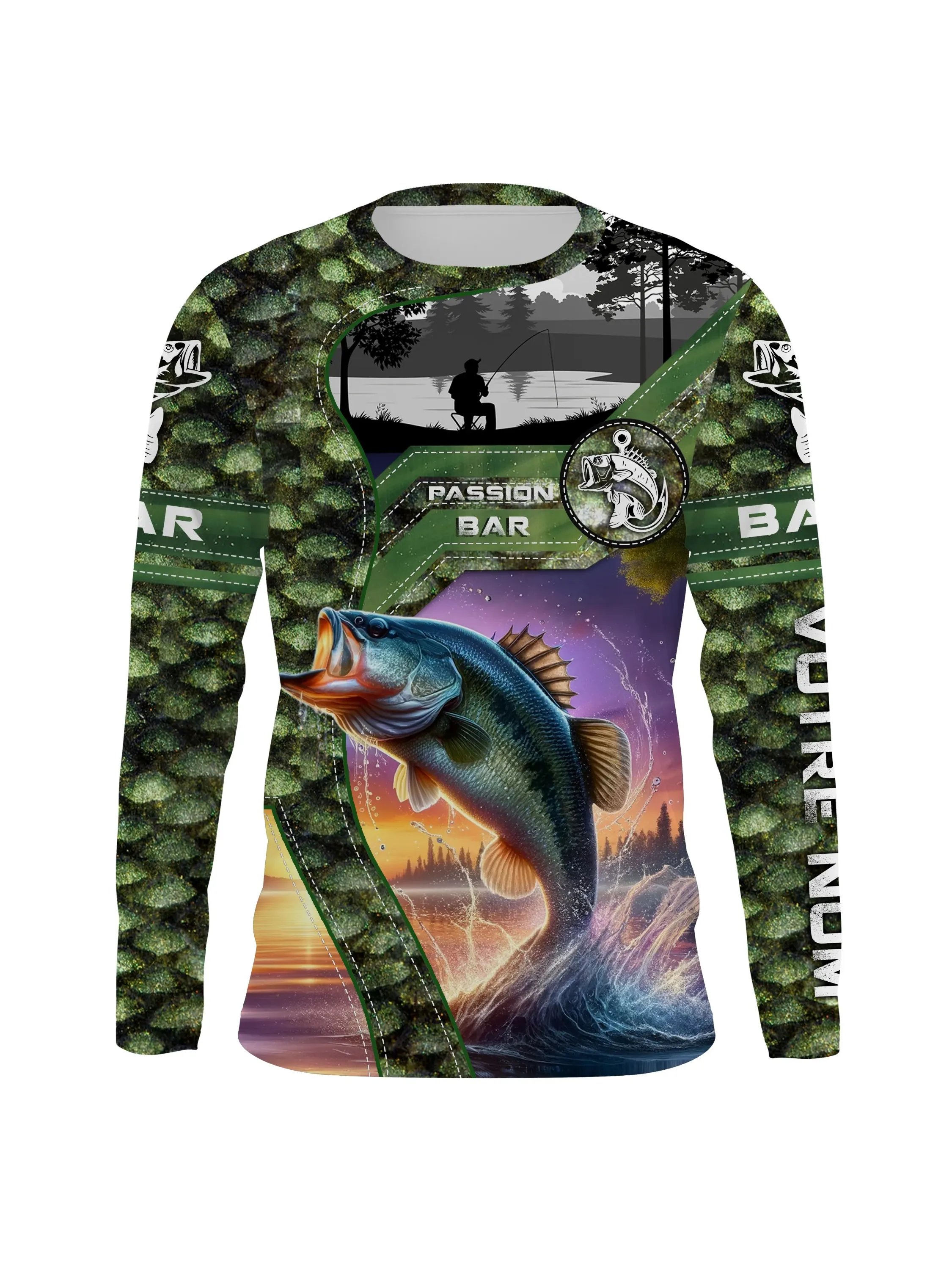 Fishing Theme Outdoor Crew Neck Long Sleeve Tee, Scale Bass Print for Beach Trips, Short Outings & Casual Fishing