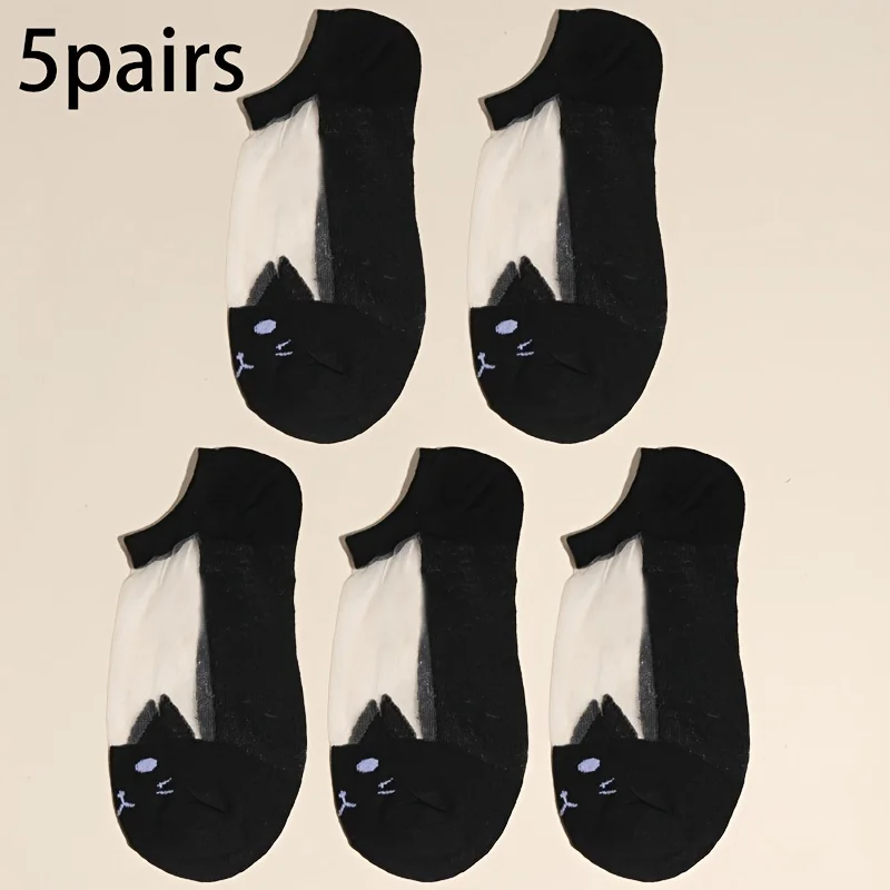 

5 пар женских носков без показа: очаровательный кошачий дизайн, дышащие и легкие весна/лето