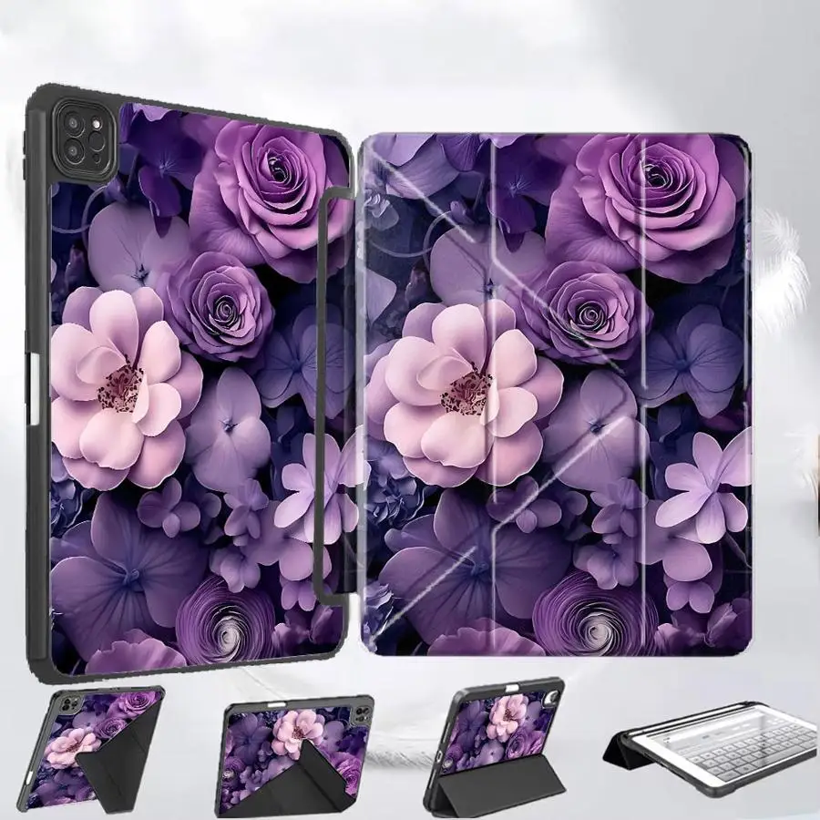

Чехол для планшета iPad Pro 2025 Mini 6 7 Pro 11th 10th 9th 8th 7th 12.9inch Air 4 5 M3 M2 M4 11inch с держателем, фиолетовые цветы