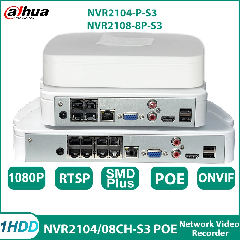 Dahua NVR2104-P-S3 4PoE NVR2108-8P-S3 4/8CH  8PoE 1HDD Network Video Recorder IP Camera Security Monitor Support Onvif  P2P CCTV