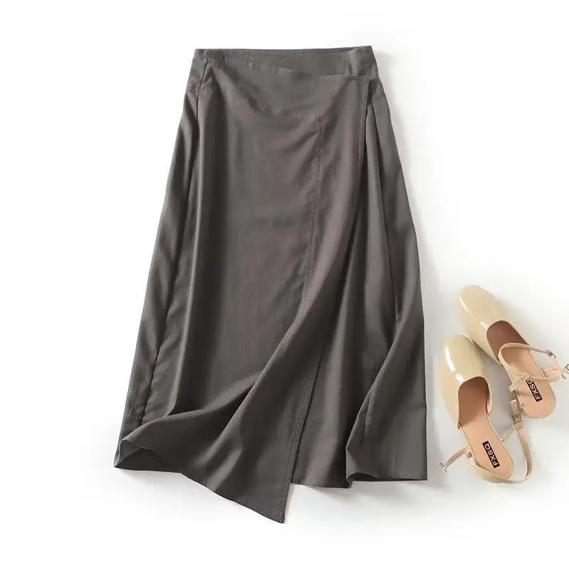 Maxdutti Southern French Elegant Lazy Midi Skirt Minimalist Woman Clothes Asymmetric Cotton Cage Comfortable Linen Skirt Woman