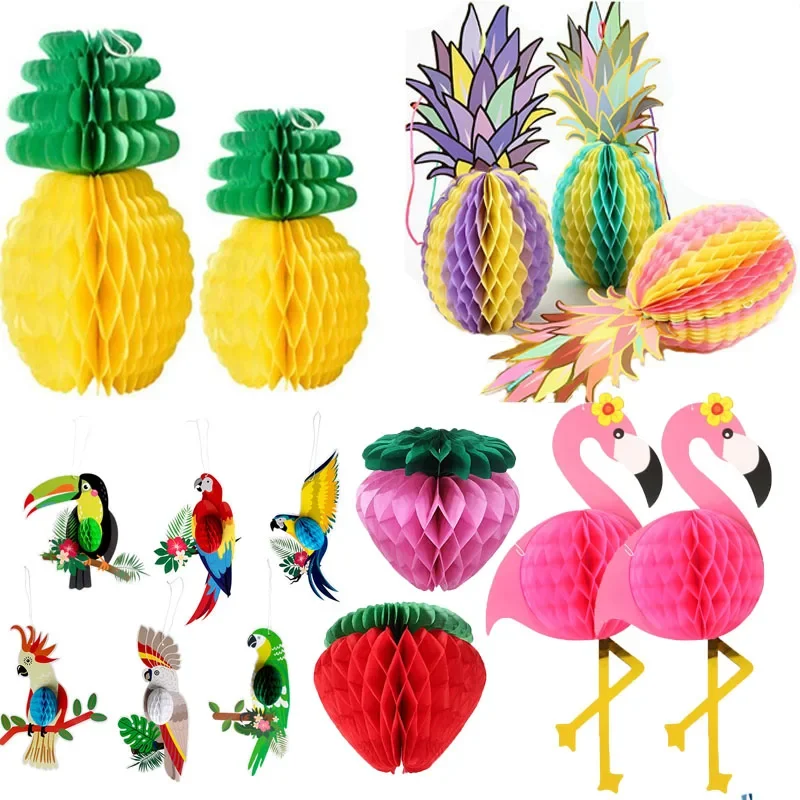 Hawaiian Flamingo Honeycomb Paper Ball Pineapple Strawberry Hanging Pendant Tropical Parrot Aloha Wedding Birthday Party Supplie