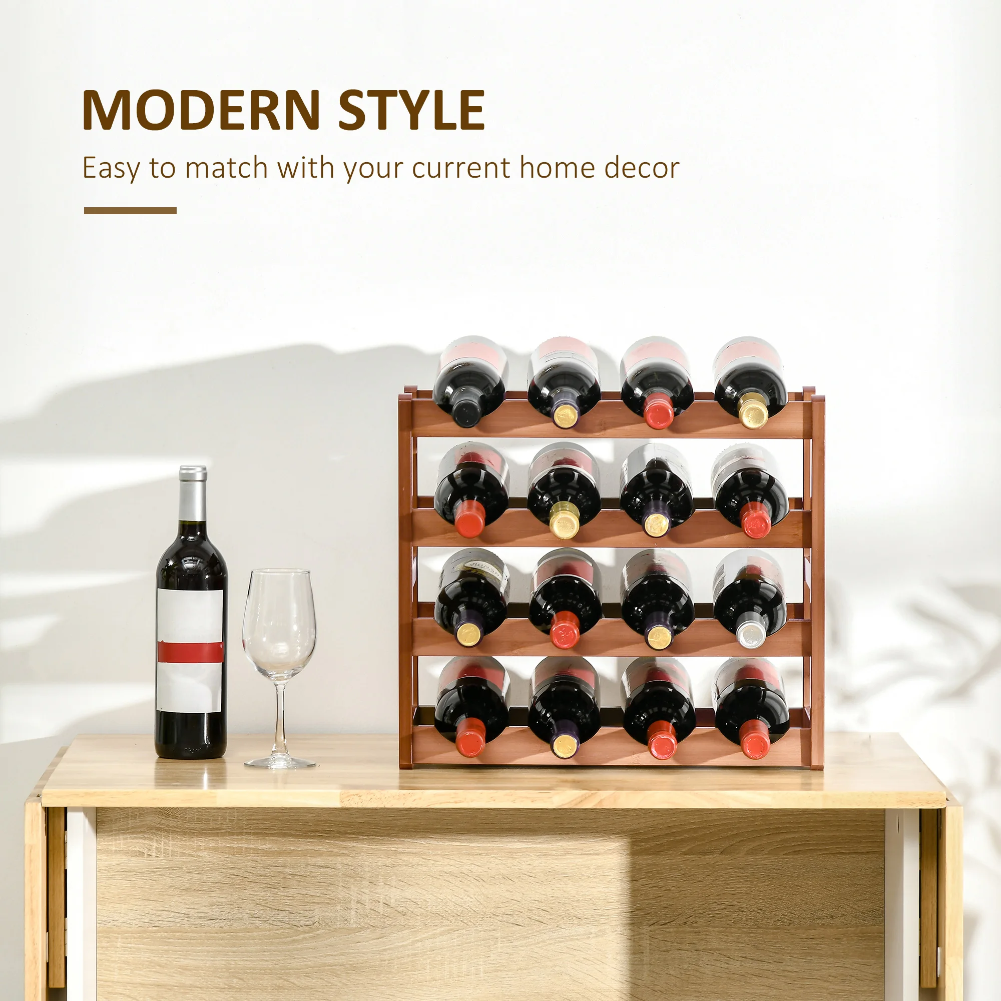 HOMCOM Free Standing Wine Rack 16 Bottle Holders, Bamboo Display Shelf, Brown