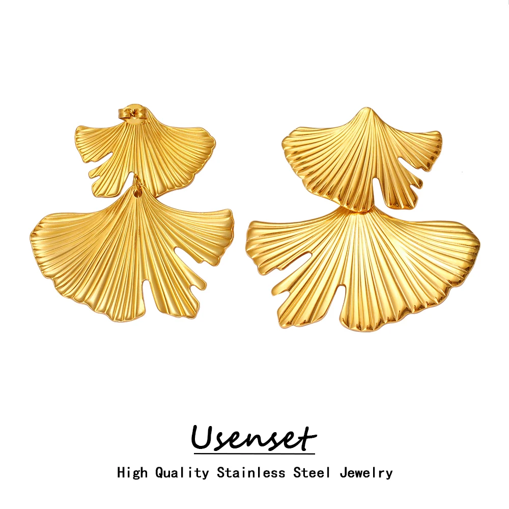 USENSET PVD Gold Plated Textured Gingko Leaf Stud Earrings Stylish Women Gold Color Drop Ear Bijoux Daily Wear