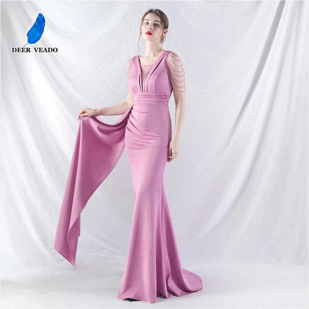 DEERVEADO 8 Colors Luxury Beading Evening Dress for Woman Elegant Mermaid Satin Formal Occasion Dresses Prom Party Maxi Dress