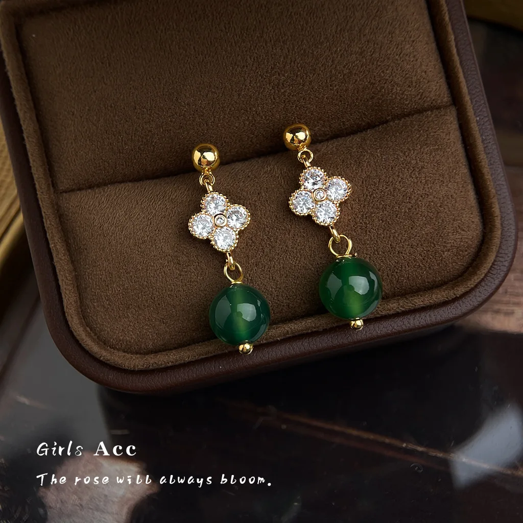 

New Chinese Style Green Agate Tassel Earrings for Women Luxury Micro Inlaid Zircon Flower Drop Earrings Retro Jewelry