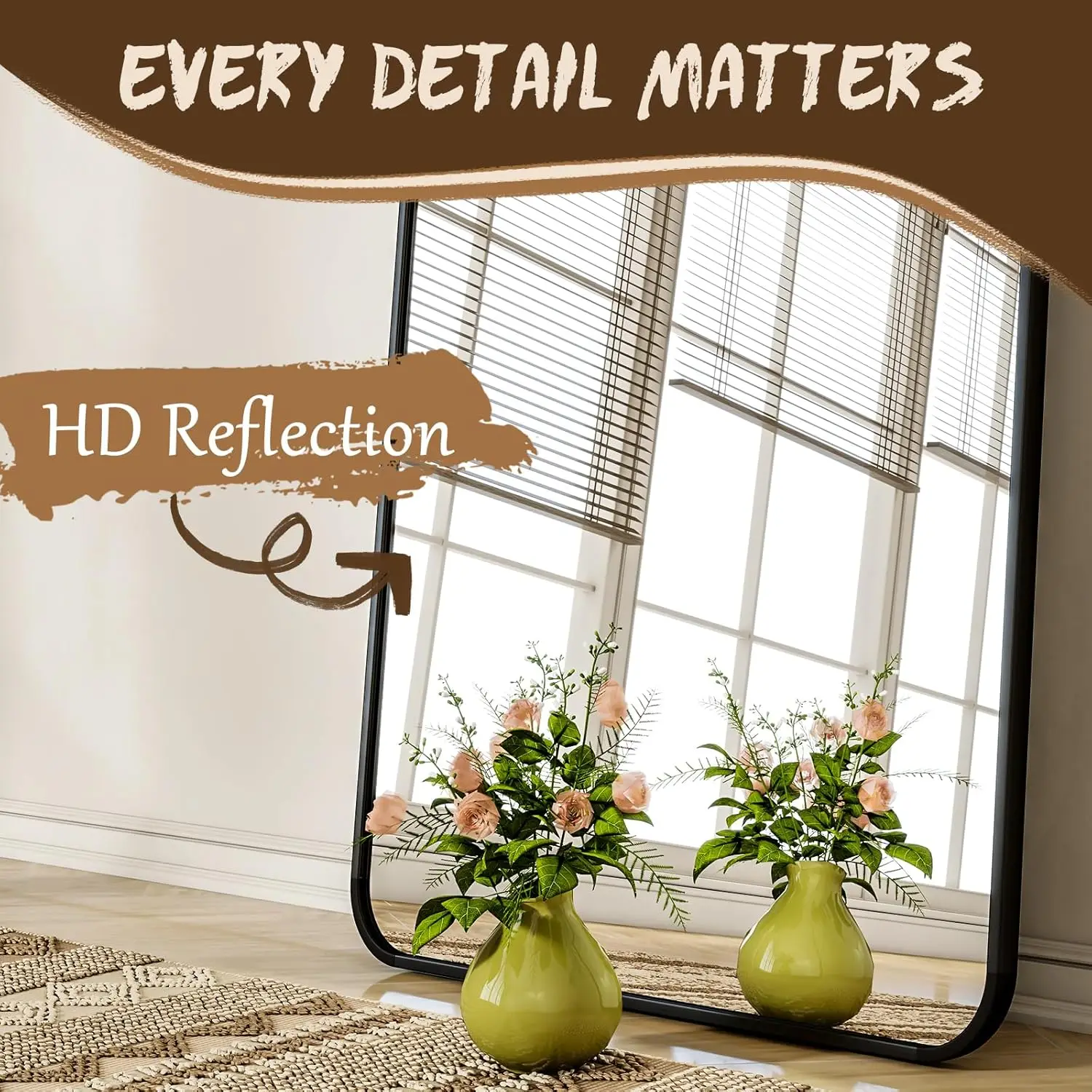 56x21 Inch Full-Length Mirror with Stand, Rounded Corners for Safety, Wall Mount or Lean, Black Frame