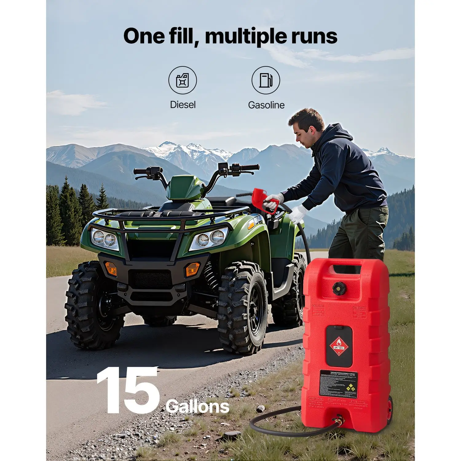 Fuel Caddy, 15 Gallon, Portable Fuel Tank with Gravity & Hand Pump Modes, Fuel Tank Container with Wheels, 10 ft Delivery Hose &