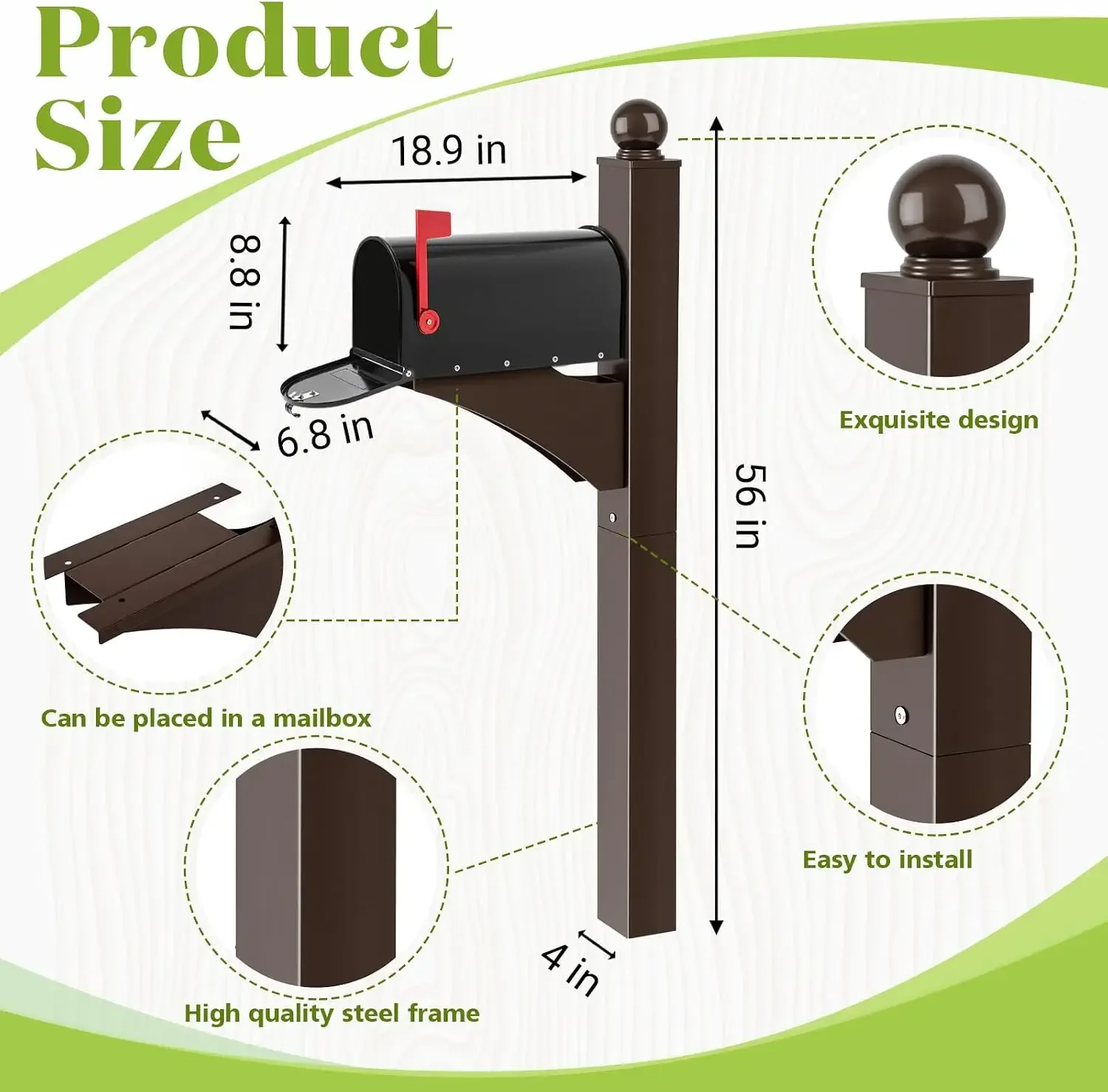 Brown,Black 1 Set Iron Mailbox Posts with Mailbox for Outside Ground Mounting Post 56 Inch Tall Heavy Duty Architectural Stand w