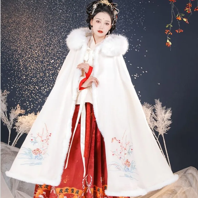 

Большой меховой воротник в китайском стиле, осенне-зимний стиль, новая оригинальная накидка Hanfu, женская накидка с тяжелой вышивкой, флисовая утолщенная длинная накидка