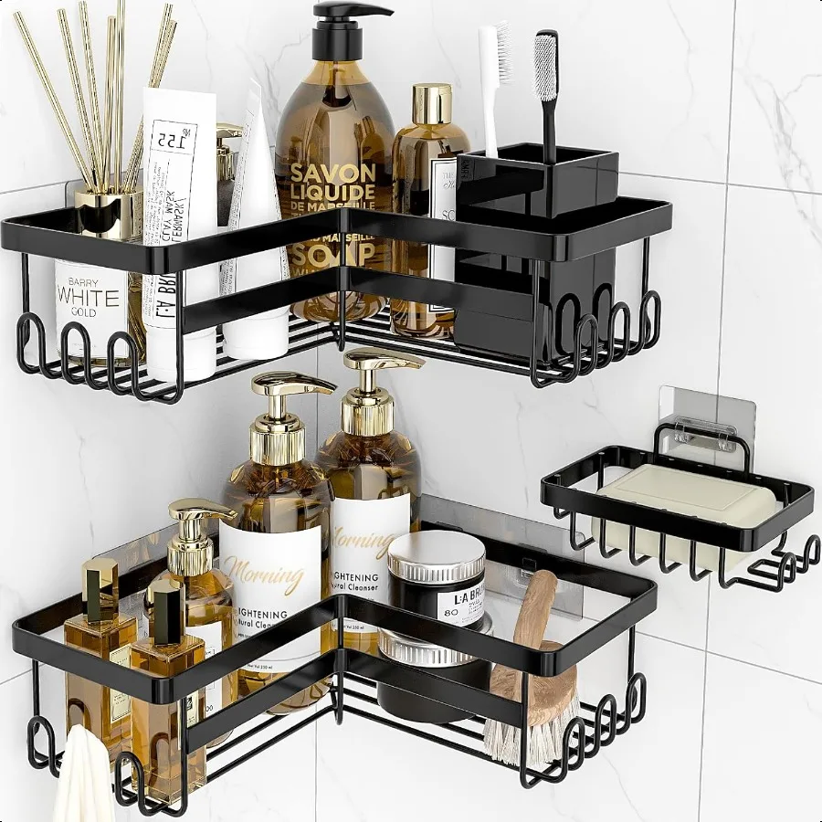 

Corner Shower Caddy 3 Pack Adhesive Bathroom Accessories with Soap Holder Storage Stainless Shower Organizer Shelf with Hooks N