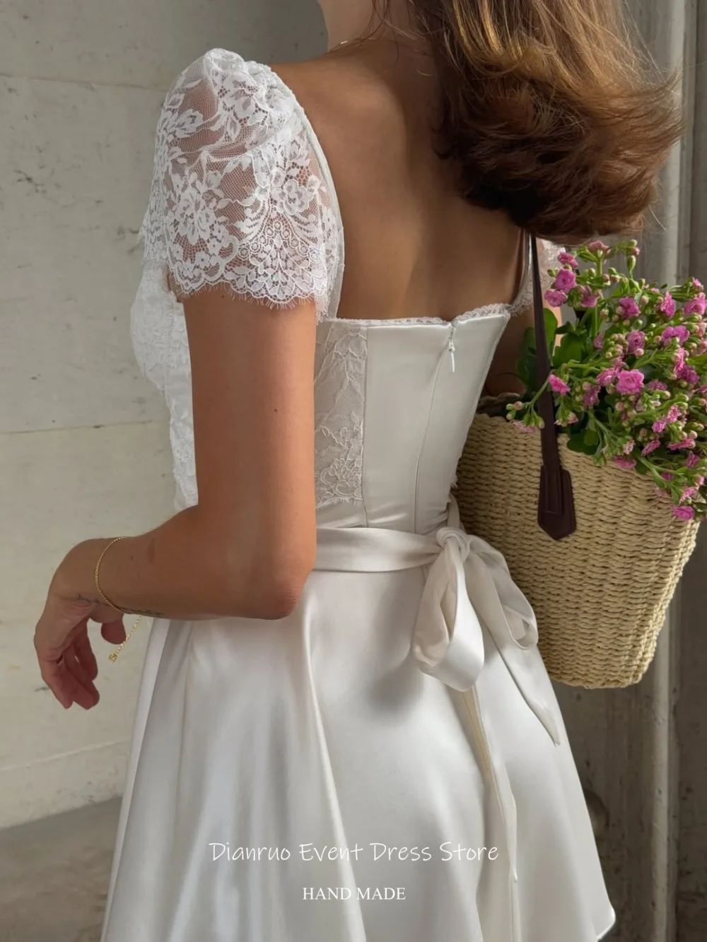 Dianruo Lace Puff Sleeves Wedding Dress Graceful Sweetheart Mini Vestido De Noiva A Line Pleated Satin Evening Dress Customized