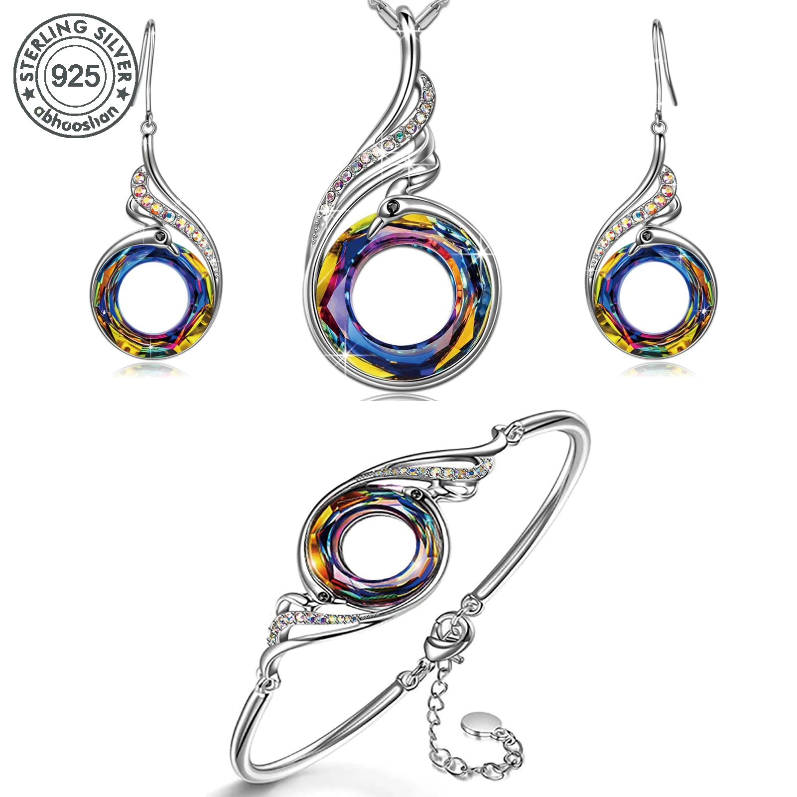 

925 Silver, Colourful Phoenix Round 3 Piece Set, Women's Glamour Sexy Necklace, Party Eye Catching Designer High Quality Fashion