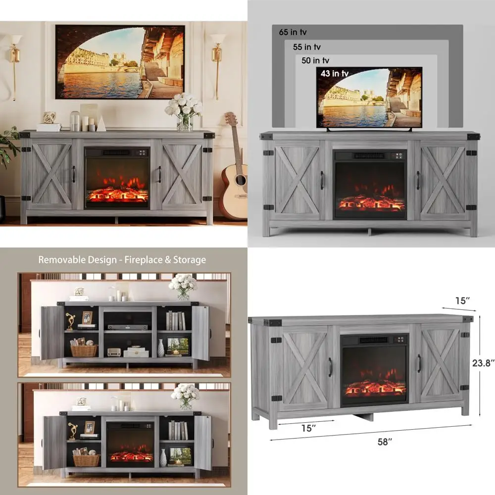 JUMMICO 暖炉付きテレビ台、ファームハウス風エンターテイメントセンター（暖炉と棚付き）、ダブルバーンドア収納キャビネット（テレビ用）