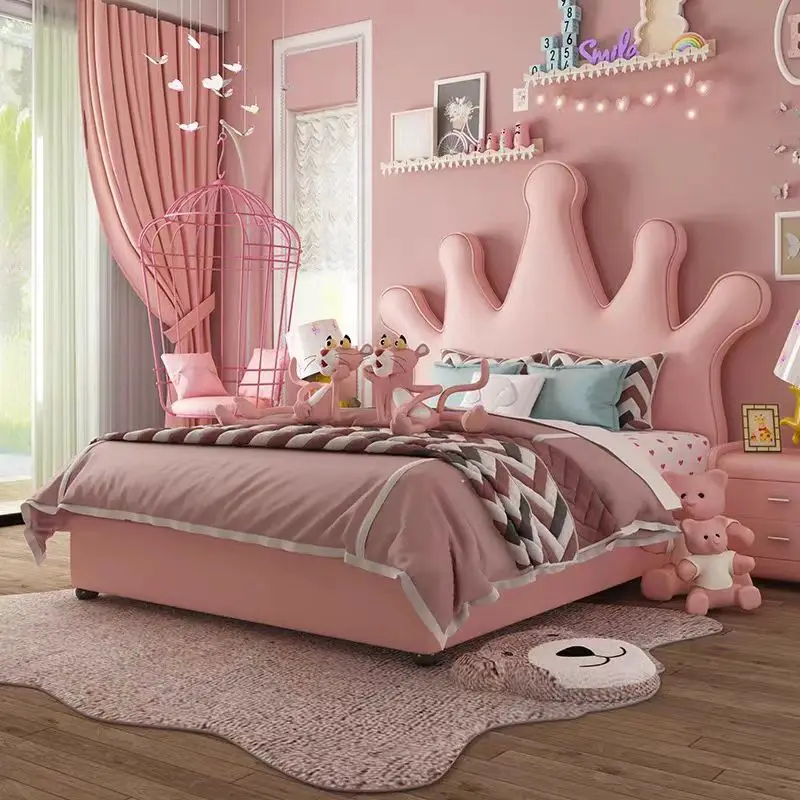 

！@Pink Flower Model Princess Bed for Girl Fancy Modern Children's Bed with Storage for Boys and Girls