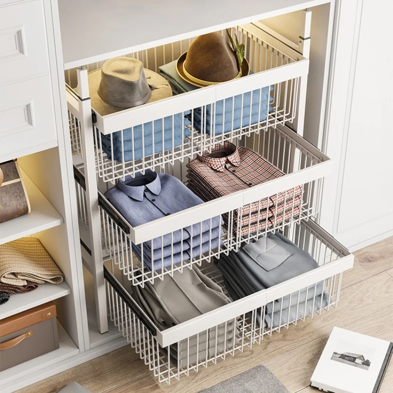 Wardrobe basket drawer type non-punching layered push-pull track storage transformation built-in pull-up pants rack telescopic