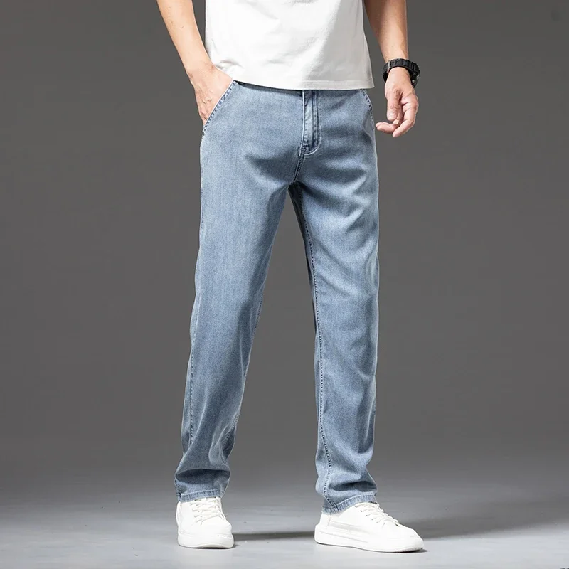 Weiche dünne Herren jeans Lyocell helle Farbe gerade lose Freizeit hose Business Mode männliche Kleidung Elastizität Jeans hose