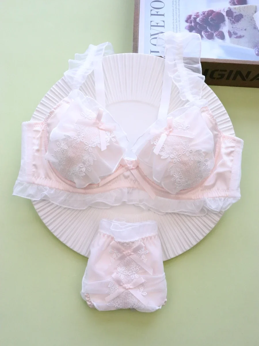 

Embroidery thin section ruffle girls lingerie sweet cute underwear gathered ladies bra set lace sexy summer braletties