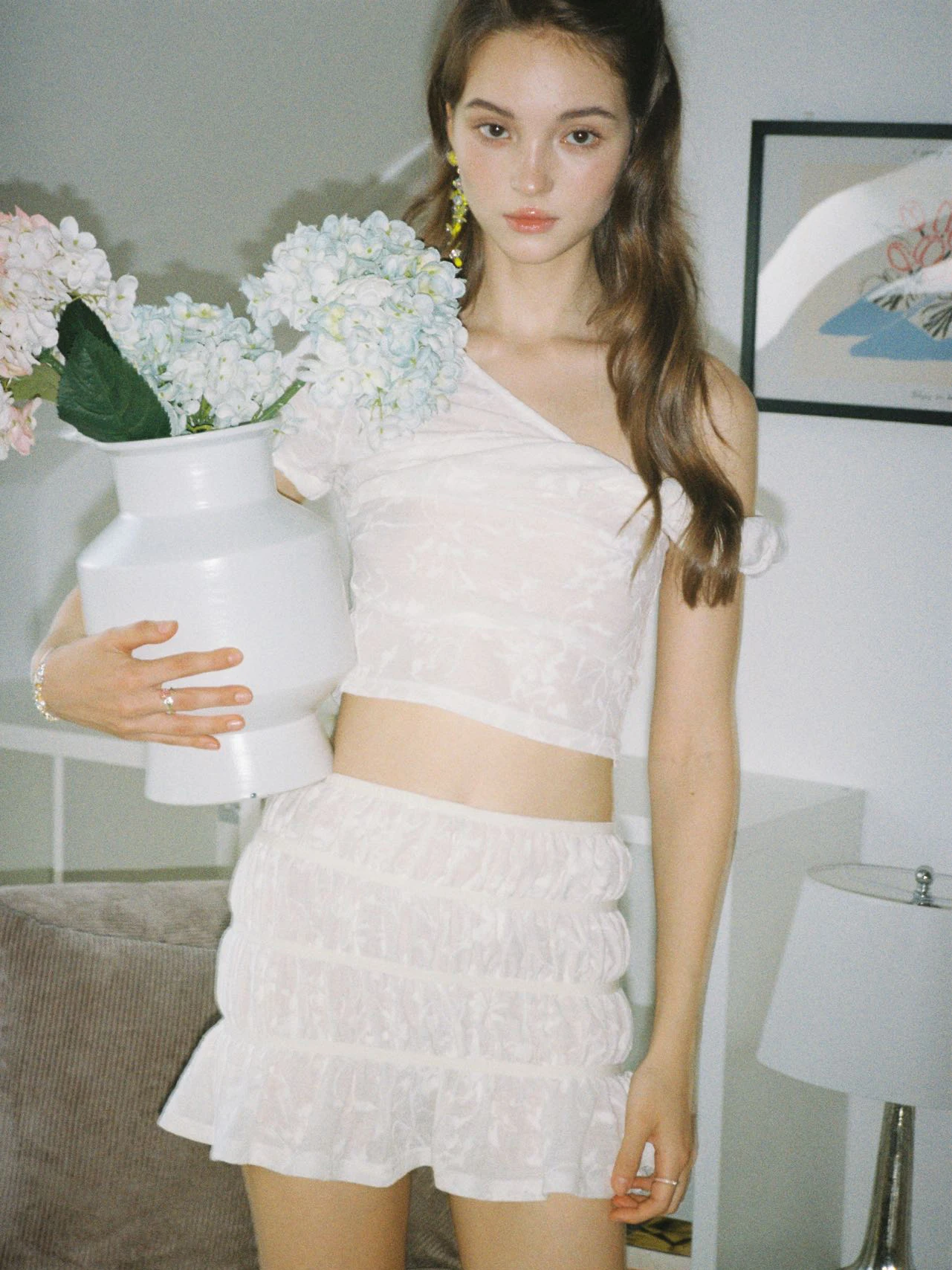 

Fuguen HuKim Multi-Layer Pleated Lace Trim Knitted ort Skirt Cake Skirt Sweet Sle mid Waist Plant Floral Pattern