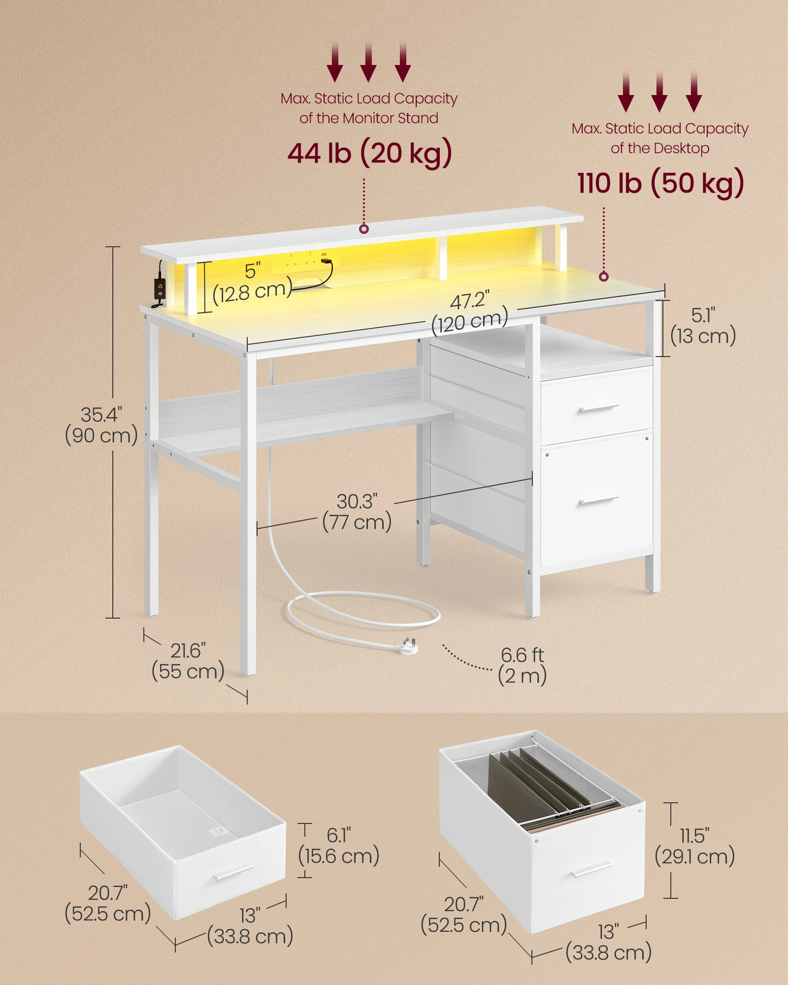 مكتب كمبيوتر VASAGLE مع أدراج قماشية، مكتب دراسة، إضاءة LED، 55 × 120 × 90 سم، منافذ طاقة مدمجة، 2 منافذ USB-A #2