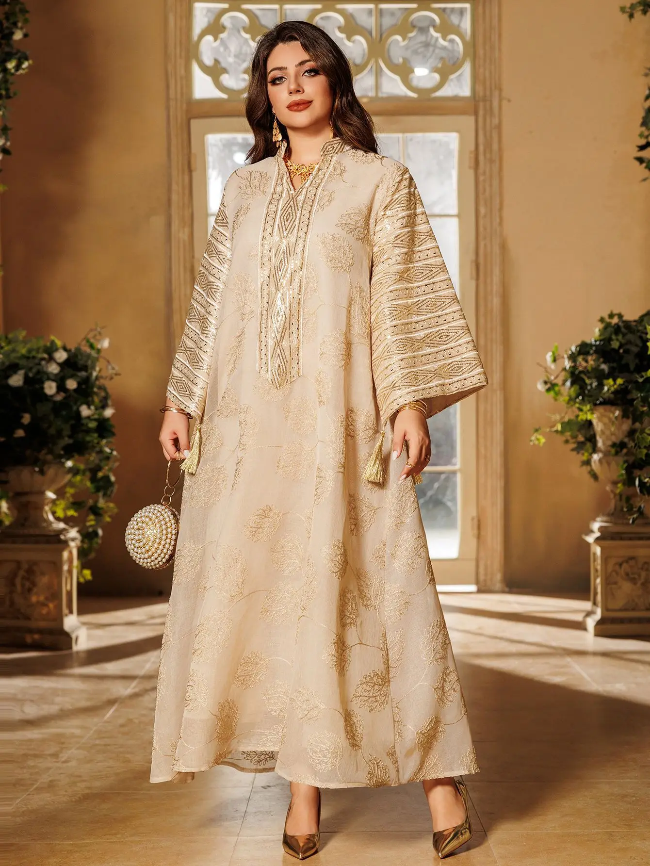 

Women’s Muslim Abaya Beige with Exquisite Golden Floral Patterns Delicate Sleeve Designs for Saudi Arabia Qatar and Middle East