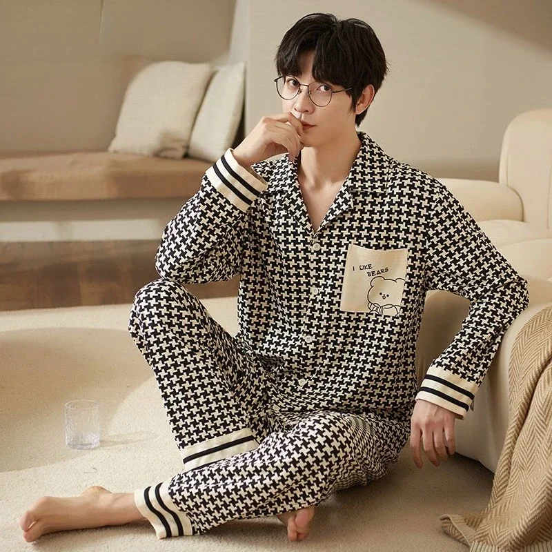 Luxury Brand Cotton Pajamas Men Big Size Pajamas Sets Long Sleeve Button Cardigan Long Pants Loungewear Homewear Korean Pajamas