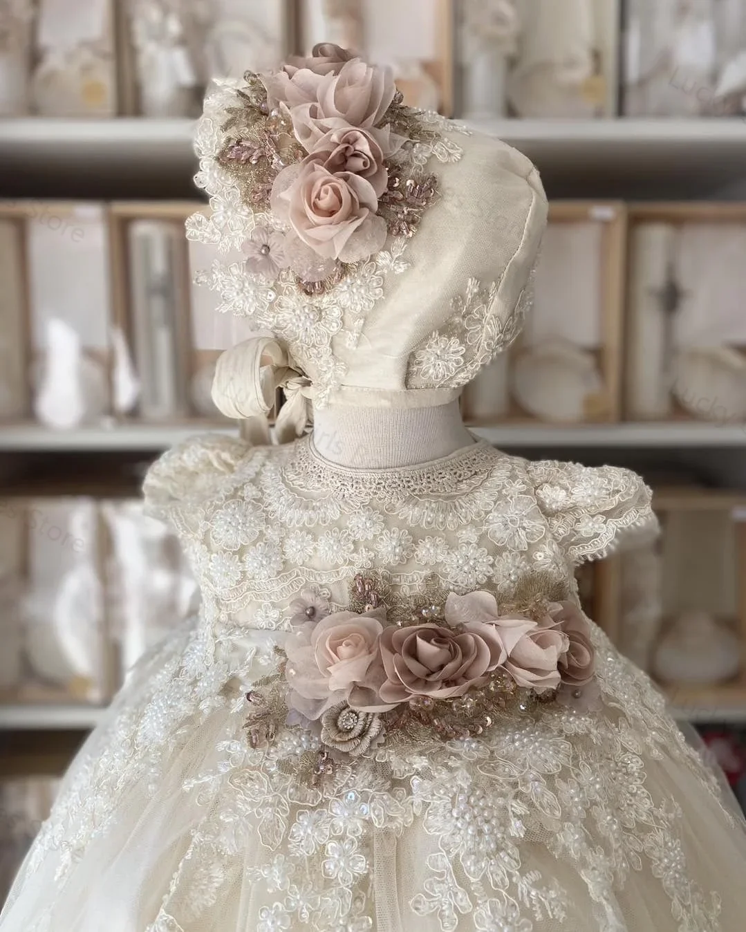 Luxurious Ivory Baby Christening Gowns Lace Appliques Girls Baptism Vintage Long Newborn Kids Birthday First Communion Dresses