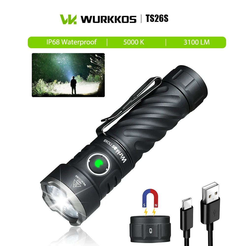 

Wurkkos TS26S 3100LM IP68 Waterproof Flashlight 4*519A LEDs Rechargeable Torch with Magnetic CRI over 95 Portable for Outdoors