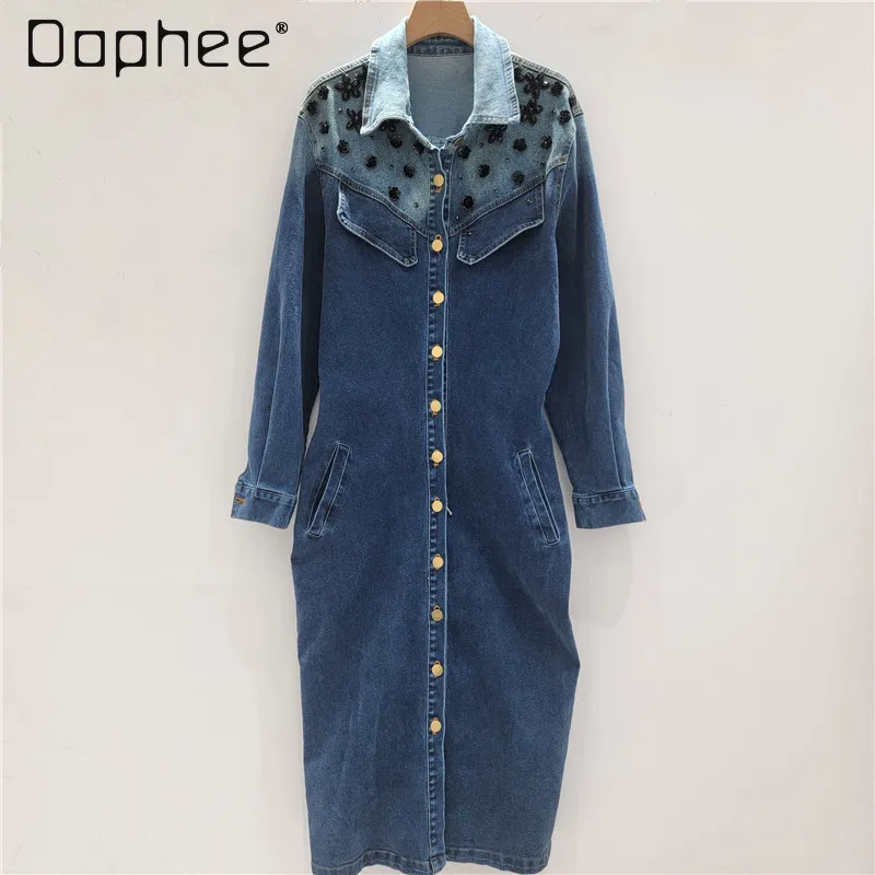 

European American Style Retro Beaded Floral Single-Breasted Shirt Dress for Women Elastic Waist Slimming Denim Long Dresses