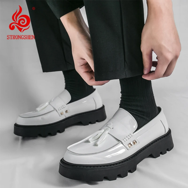 

Platform Tassel Shoes Loafers Shoes Men Thick-soled Wedding Shoes Glossy Formal Business Shoes Slip-on Increase Casual Shoes