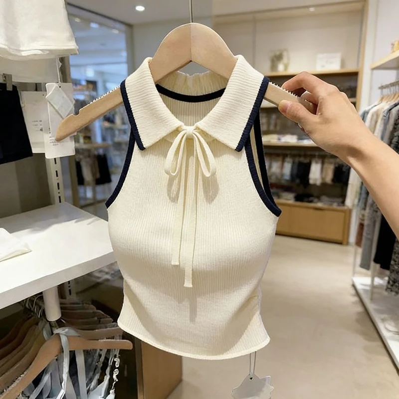 Korean Style  Knot Knitted Spicy Girl Vest Summer Sleeveless Design Top Strap Slimming Fashionable Base Shirt