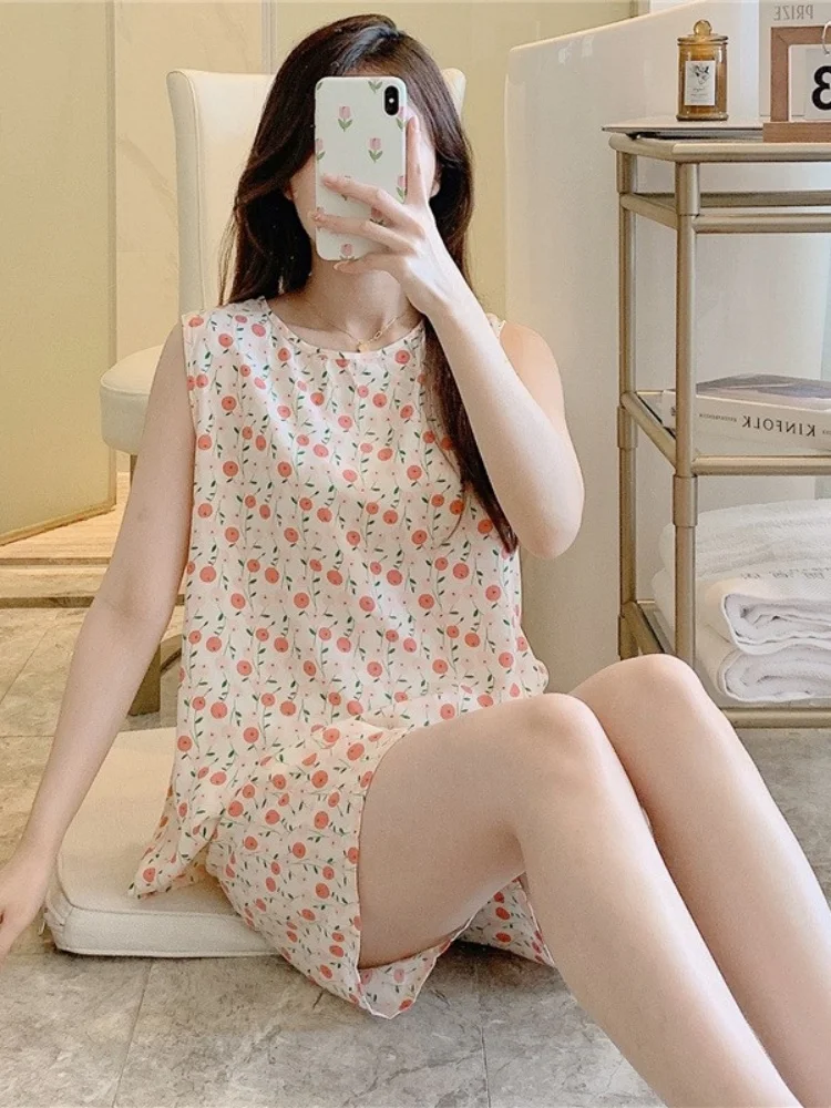

New Summer Women's Spwear Thin Cotton Silk Cute Cartoon Sexy Korean Large Size Two-Piece Set Home Clothes Summer