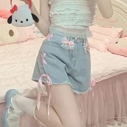 Lato słodki Lolita krótkie spodnie dziewczyny Kawaii wysokiej talii codzienne z kokardą Denim szorty kobiety koreański styl różowa koronka bandaż Jeans 2023