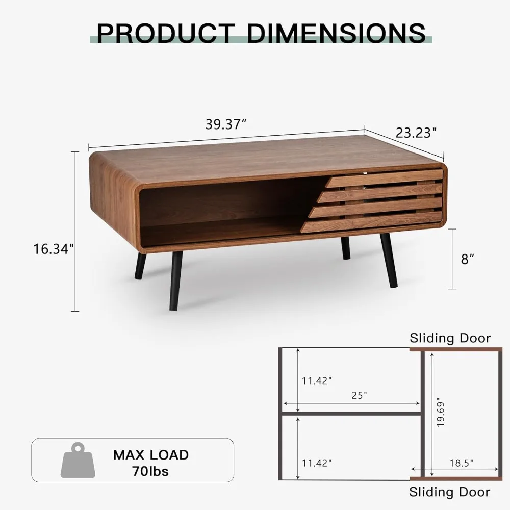 طاولة قهوة حديثة لمنتصف القرن - طاولة قهوة لغرفة المعيشة، تصميم مخدد 39.4 بوصة مع تخزين منزلق وأرفف مفتوحة #2