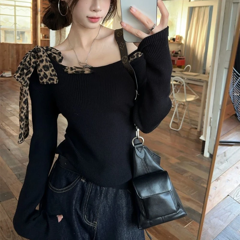 

Deeptown Y2k Vintage Black Women T-Shirts Harajuku Leopard Lace Up Off Shoulder Korean Fashion Tees Slim Gyaru Aesthetic Chic