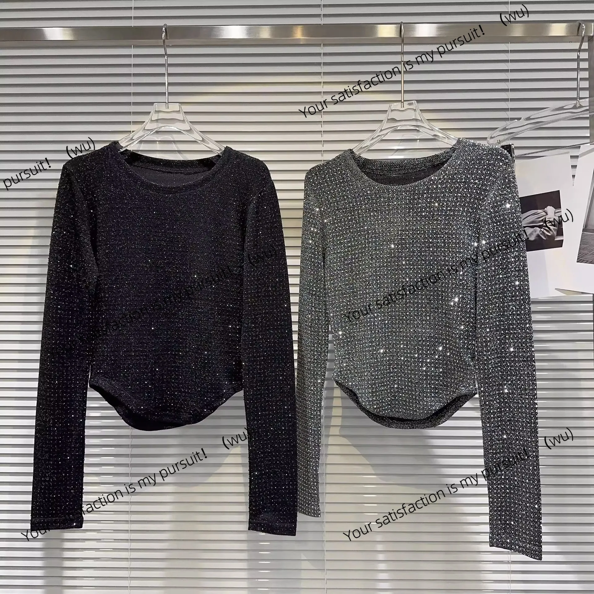 

Fat mm2-150kg extra large size spring and autumn spice girl covered in rhinestones bright silk design curved edge T-shirt small