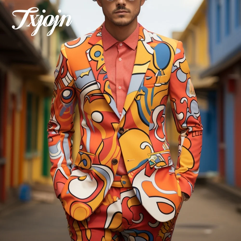 Stylish 3D Printed Men Suit Set 2PCS Classic Notched Lapel Suit Wear Casual single-breasted Performance Suit blazer masculino