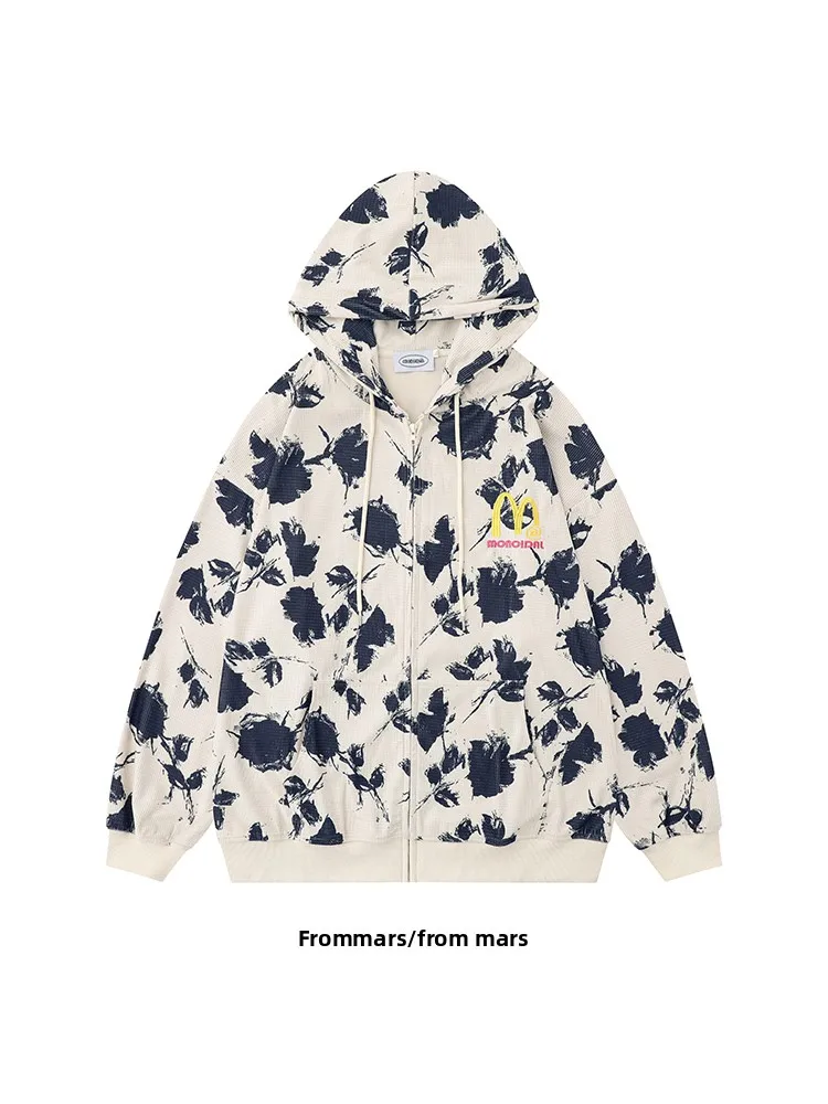 

from Shadow of Flower Design Embroidered Letter Print Hooded Open Cardigan Sweatshirt Loose Couple Style Winter Unisex