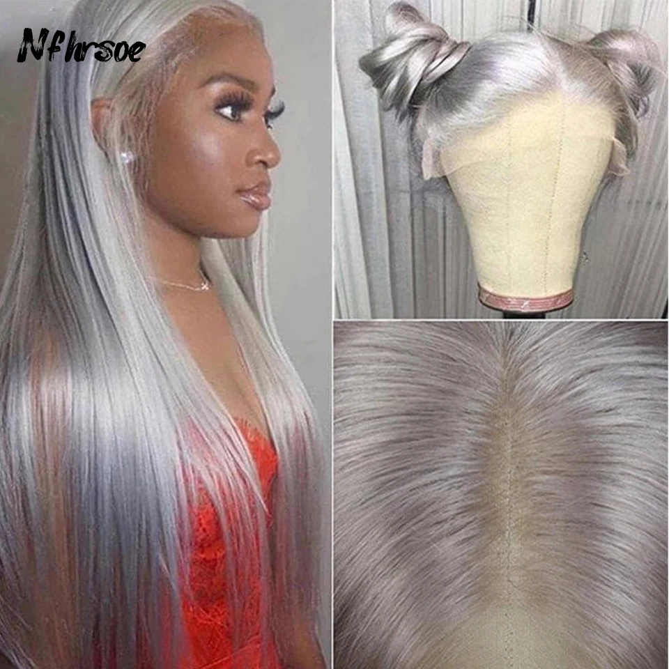 

Cosplay Hot Sale Beauty Grey Long Straight 180% Density Colored Human Hair Wig 13x4 Transparent HD Lace Frontal Wigs For Women