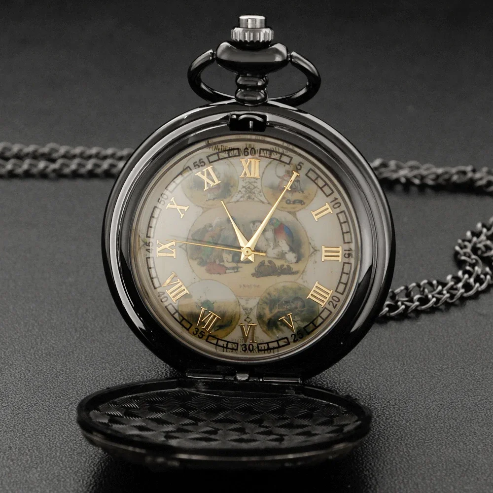 Cute Weird Cat Design Black Retro Time Gemstone Quartz Pocket Watch Fashion Pendant Necklace for Men Women Children Clock Gift