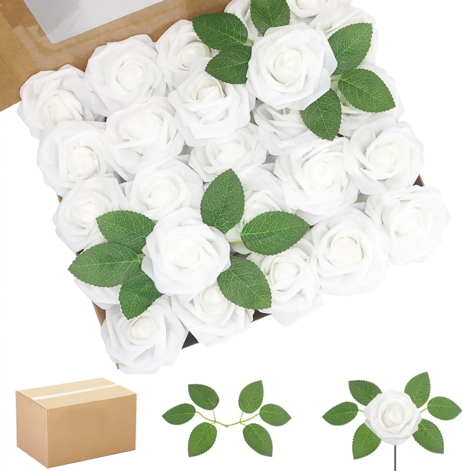 

200PCS Real Looking White Foam Roses with Leaves for DIY Wedding Bouquets Bridal Shower Centerpieces Party Decorations
