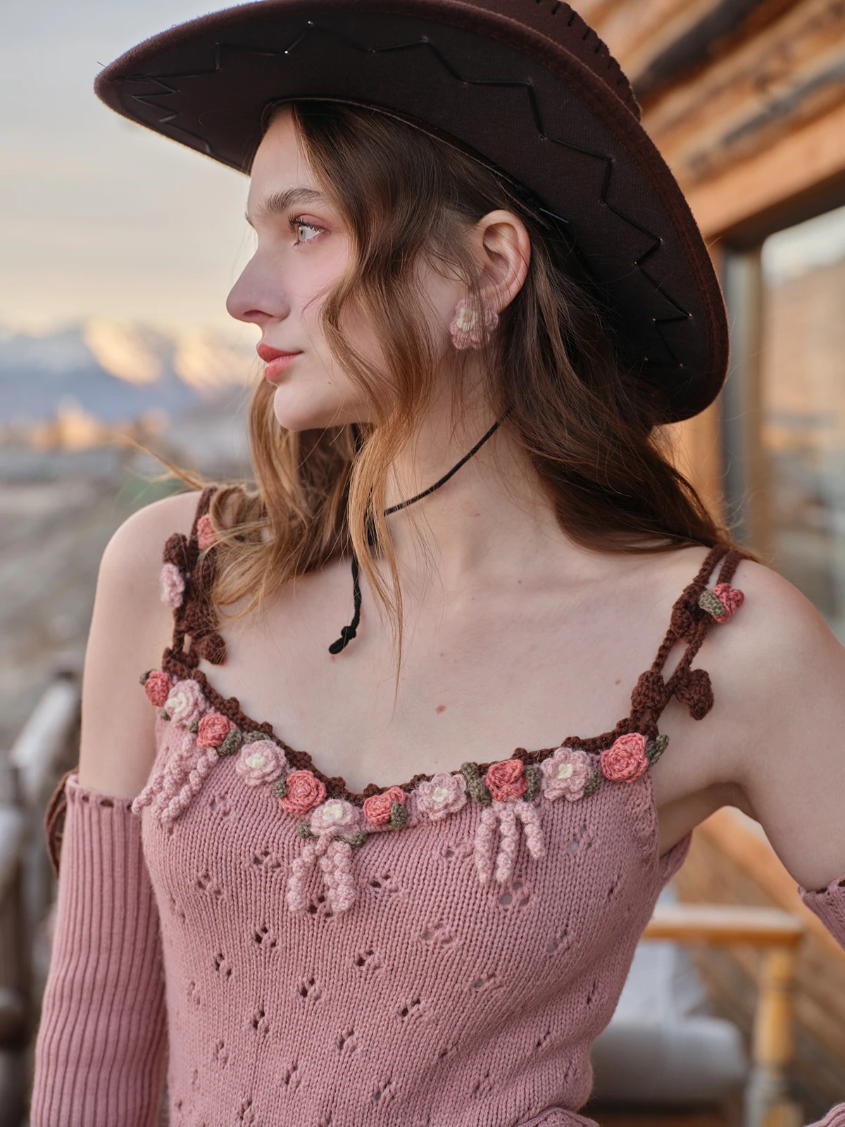 80-92cm Spring Fall Pink Knitted Wool Dresses Women French Vintage Elegant Slim Handmade Crochet Flowers Hollow Out Sling Dress