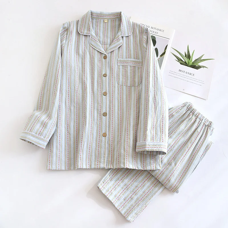 Новинка 2025 года, пижамный комплект для пар, 100% хлопок, полосатая одежда с длинными рукавами, весна-лето, домашняя одежда из двух предметов