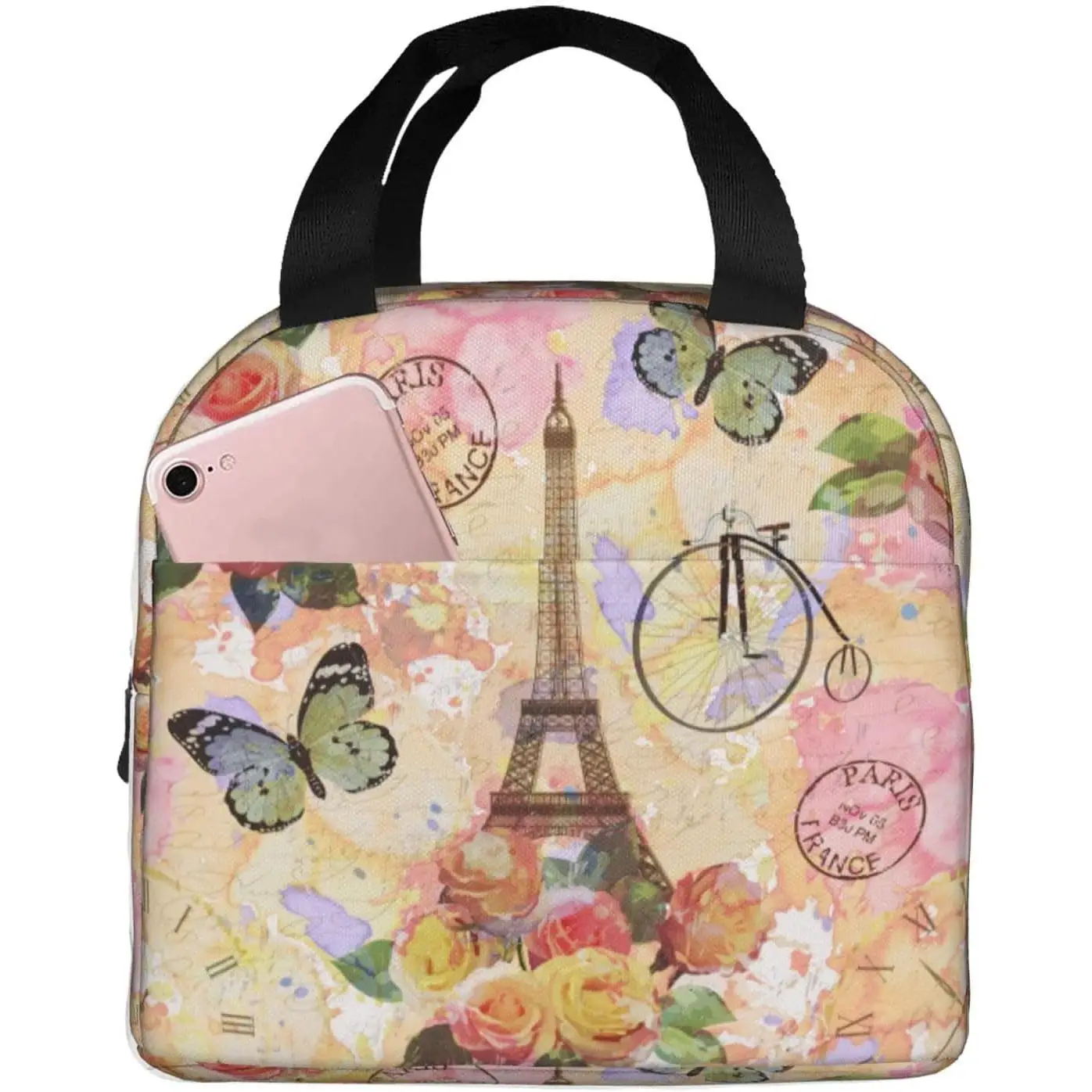 Eiffel Tower Butterfly And Flowers Lunch Bag Compact Tote Bag Reusable Lunch Box Container For Women Men School Office Work
