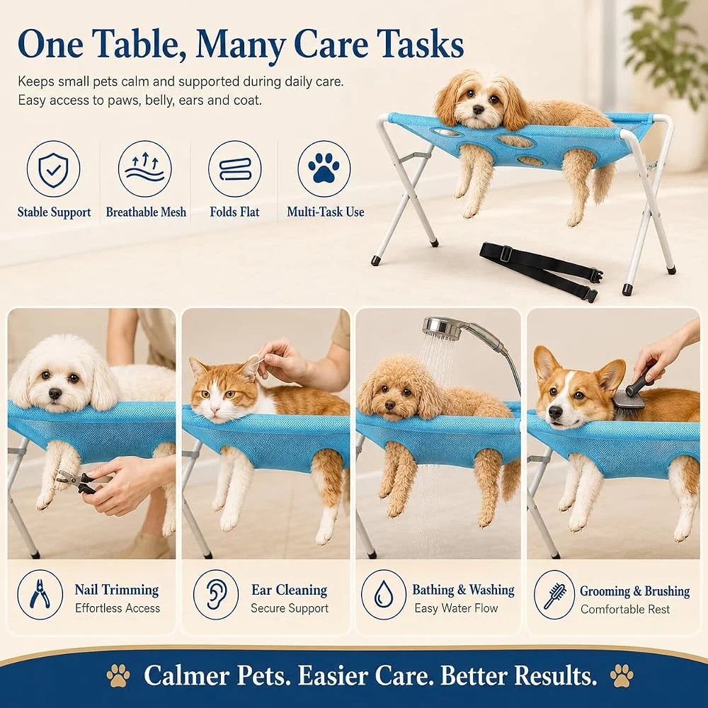 Hunde-Badehängematte, Katzen-Dusch- und Pflegetisch-Hängematte mit klappbarem Ständer, atmungsaktiver Netz-Bade- und Trockentisch für die Nagelpflege – Detail 4